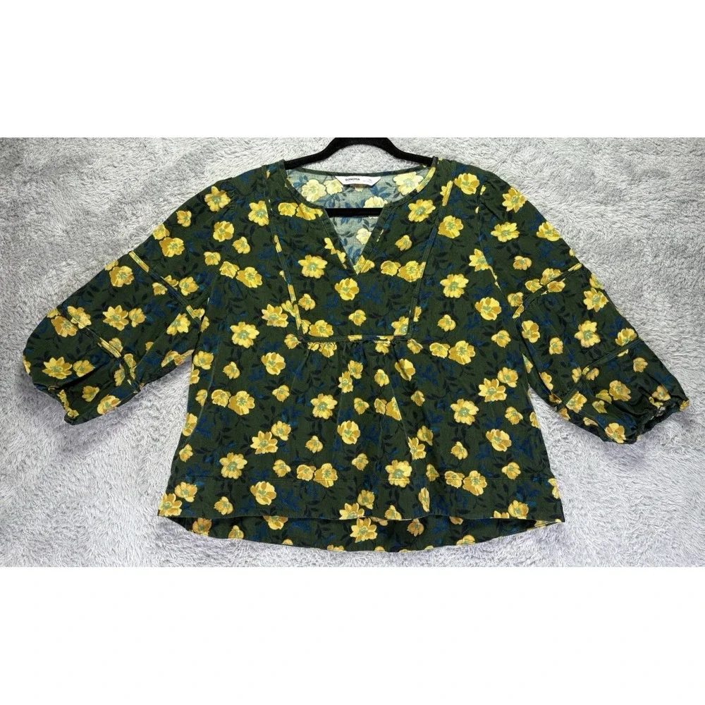 Sonoma Womens PXL Corduroy Tunic Top Floral Yellow Green V Neck Puff Sleeve Boho